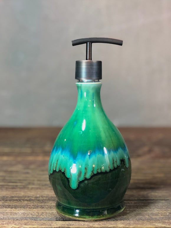 Handthrown Stoneware Soap Lotion Dispenser Pump Rainbow Trout Green