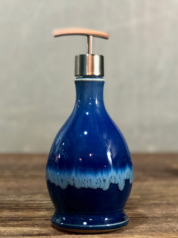 Handthrown Stoneware Soap Lotion Dispenser Pump Snowflake Blue Wide