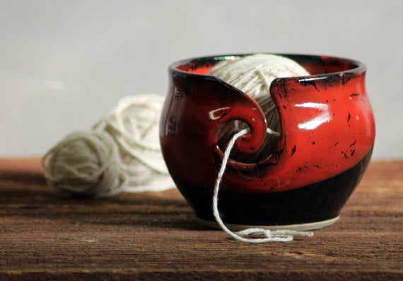 Yarn Bowl hand thrown stoneware Saigon Red black knitting crochet