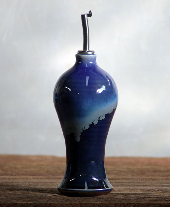 Hand thrown Stoneware Oil Vinegar Pour Snowflake Blue pourer bottle