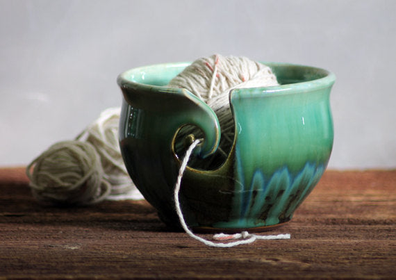 Yarn Bowl hand thrown stoneware Rainbow Trout turquoise knitting crochet