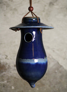 Hand Thrown Stoneware Pottery Bird House Snowflake Blue Cobalt
